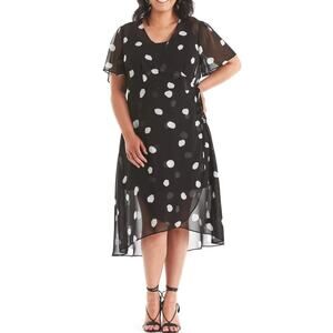 Estelle Begin Again Wrap Midi Dress - 2X Black Polka Dot Chiffon, Wedding Guest